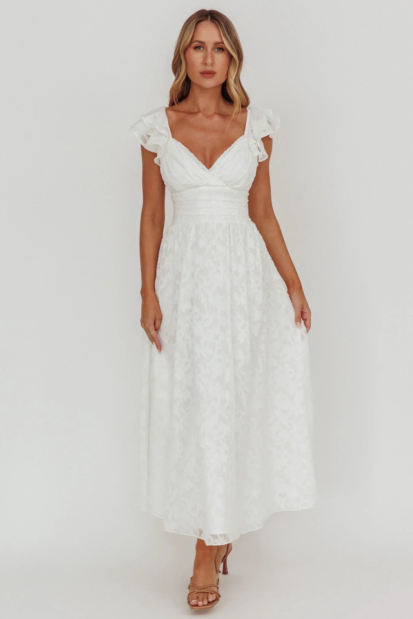 Lola Ruffle Shoulder Maxi Dress Textured White