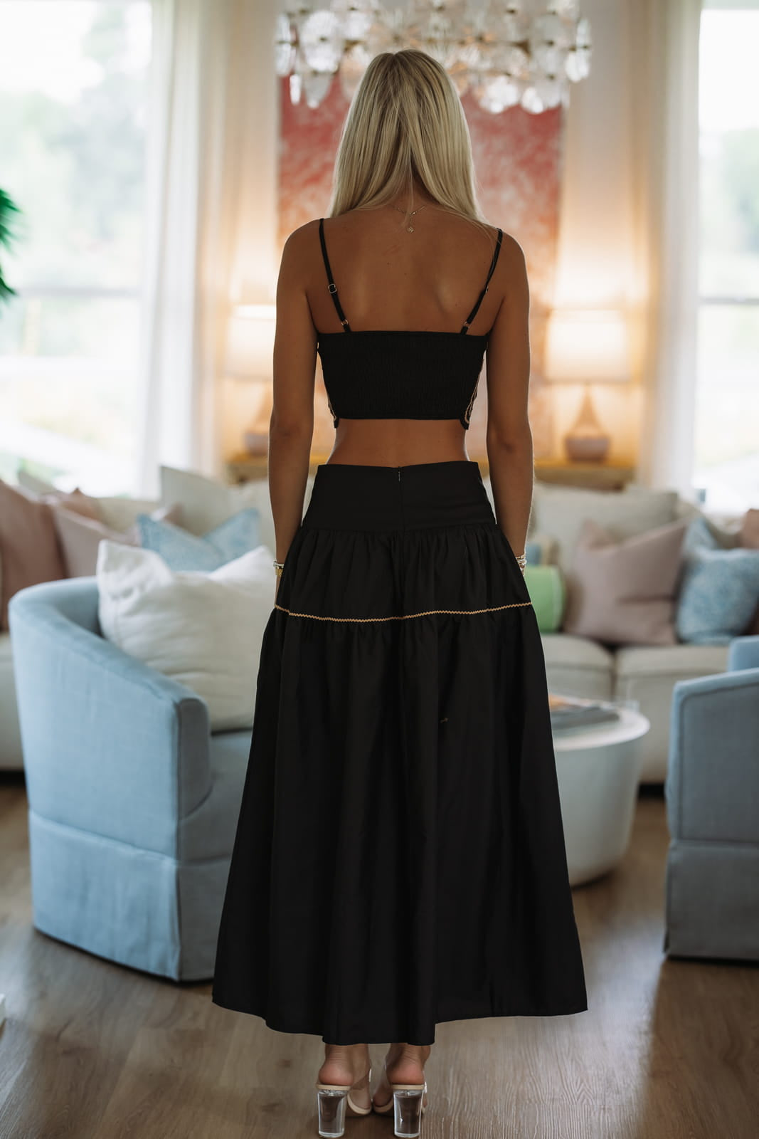 Marina Muse Crop Top and Maxi Skirt Set - Black and Taupe