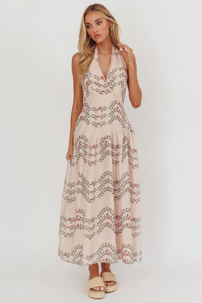 Saint Malo Halterneck Maxi Dress Floral Beige