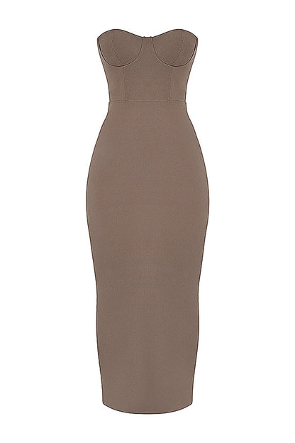taupe strapless corset maxi dress