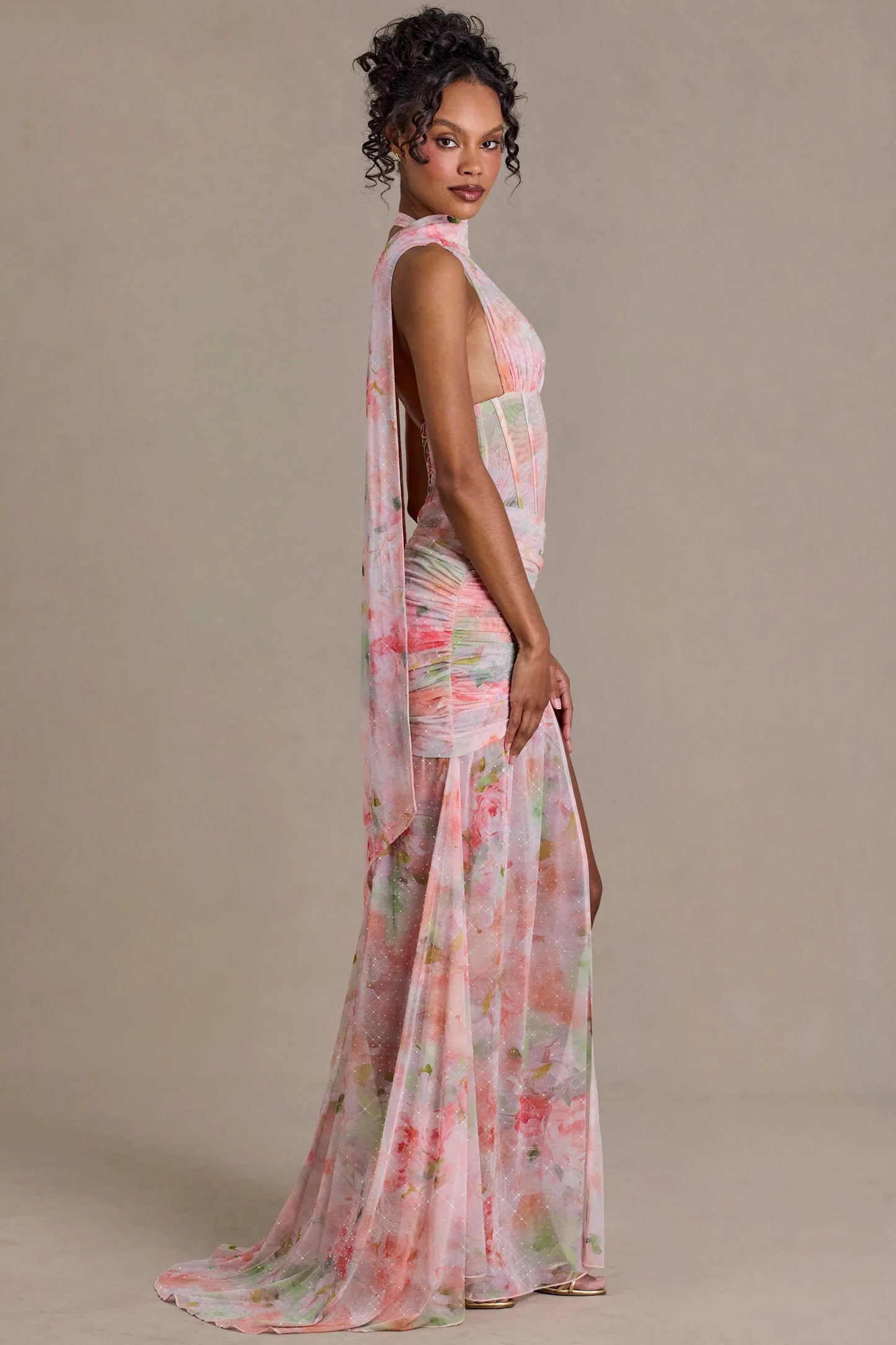 Embellished Scarf-Detail Maxi Dress in Pink Floral Print