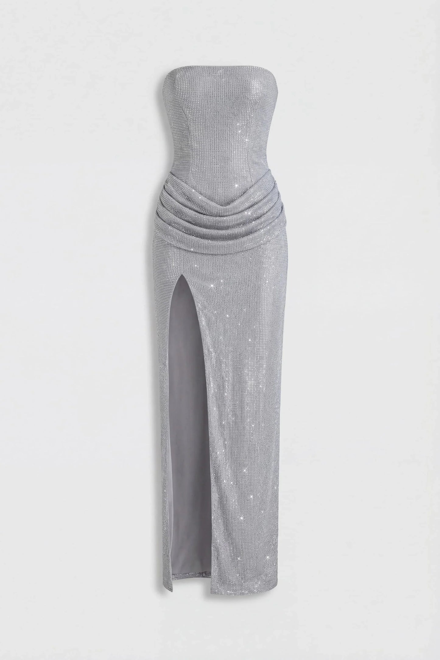 Embellished Bandeau Cowl-Waist Maxi Dress in Silver