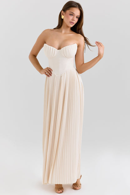 ivory georgette pleated maxi dress