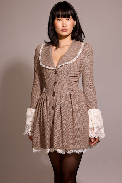 brown puppytooth check mini dress - sale