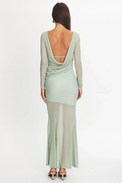 Lustre Long Sleeve Open Back Maxi Dress Sage