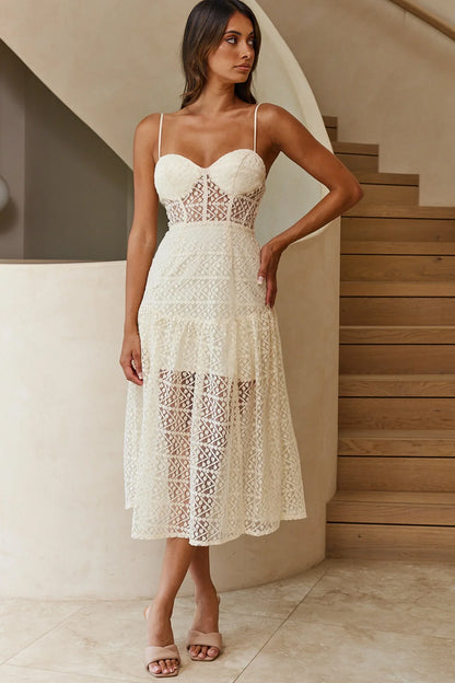 Daytona Lace Overlay Padded Bust Midi Dress Beige