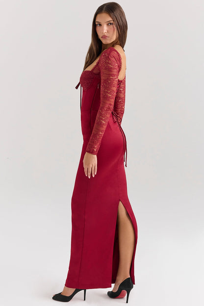 berry satin maxi dress with corset
