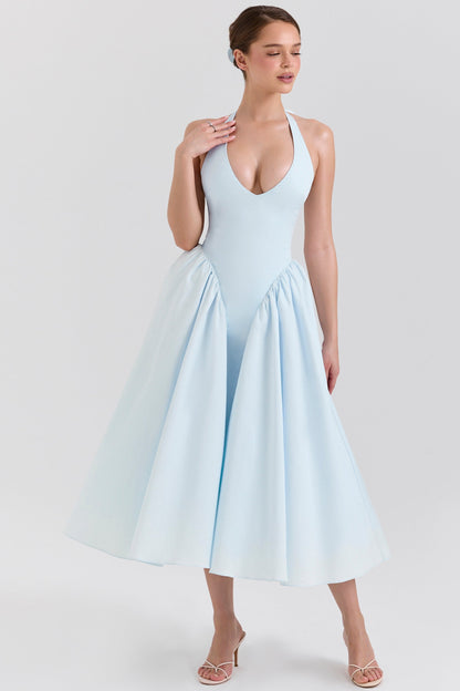 soft blue cotton twill halter midi sundress