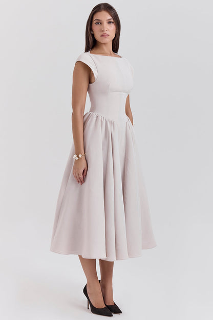 french dove moire satin backless midi dress