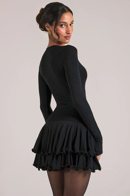 V-Neck Ruffle Skirt Mini Dress in Black