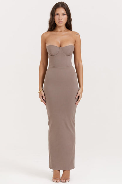 taupe strapless corset maxi dress