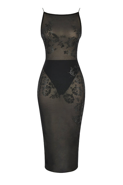 black mesh crystal embellished midi dress