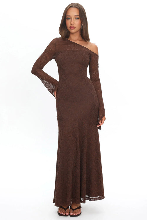 Lylah Asymmetric Neckline Long Sleeve Maxi Dress Lace Chocolate