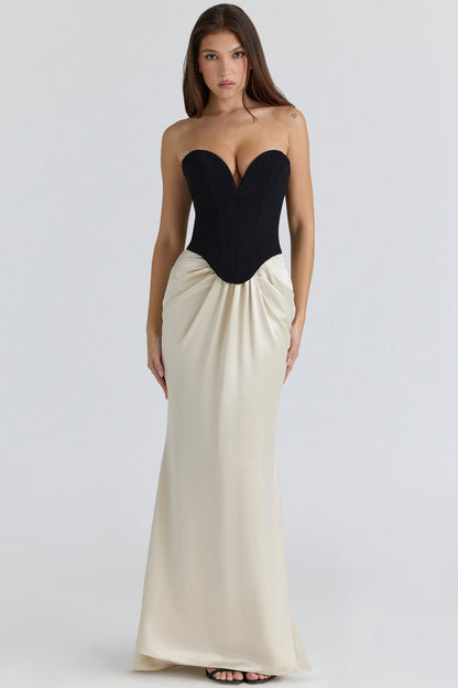black & champagne corset maxi gown