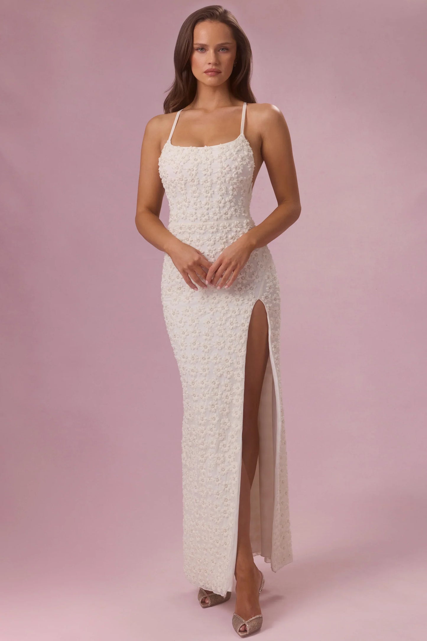 Embellished Square Neck Maxi Dress in Ivory