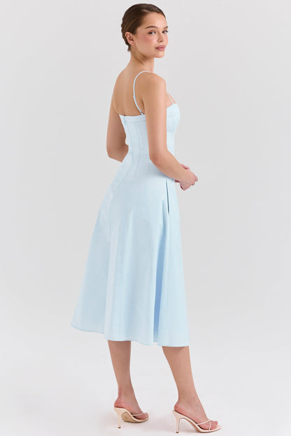 soft blue stretch cotton a-line midi sundress