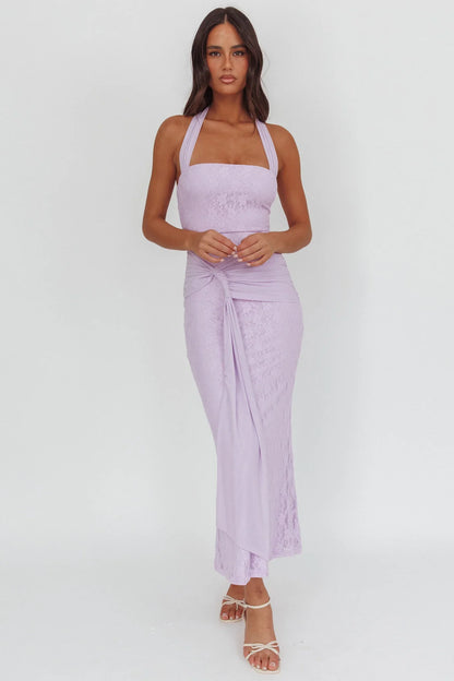 Luli Waist Sash Halter Maxi Dress Lace Lilac