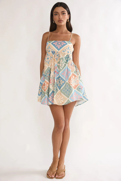 Terenza Tied Back Baby Doll Mini Dress Green Multi
