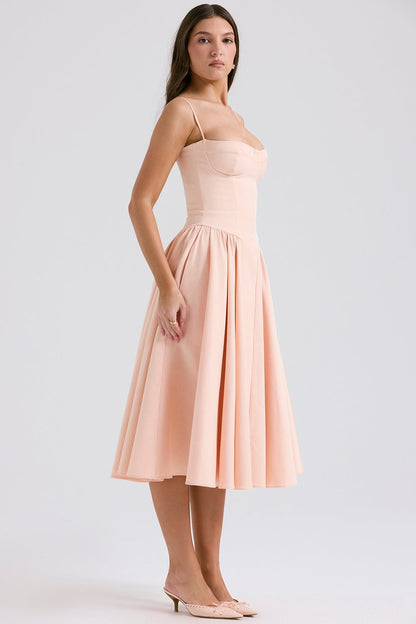 peach parfait twill corset midi dress