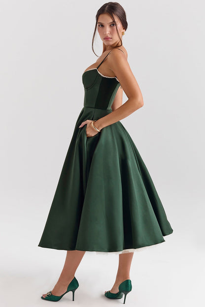 forest green satin tulle midi dress