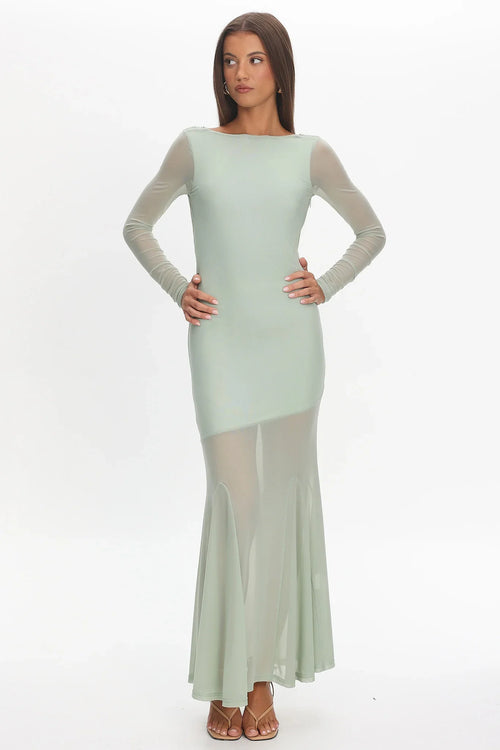 Lustre Long Sleeve Open Back Maxi Dress Sage
