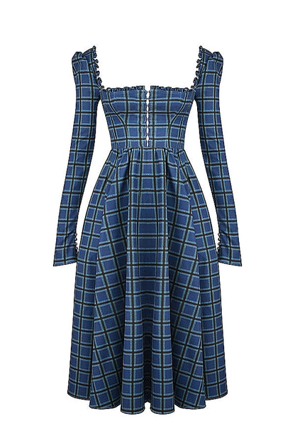 blue tartan midi dress
