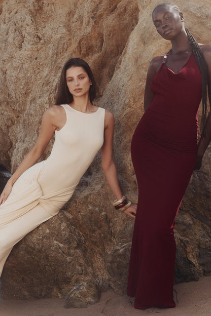 wine draped halter neck maxi dress