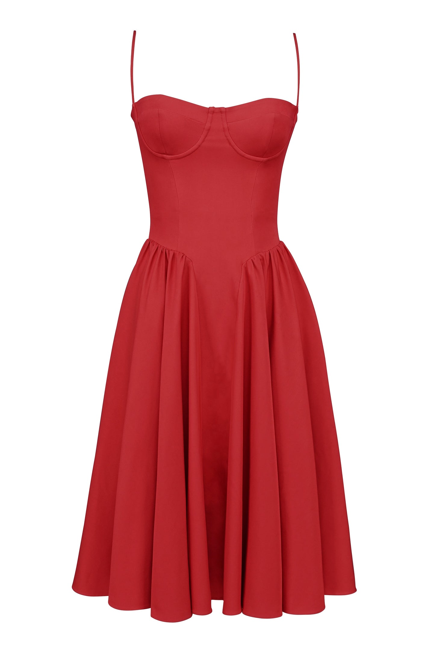 red gathered midi dress