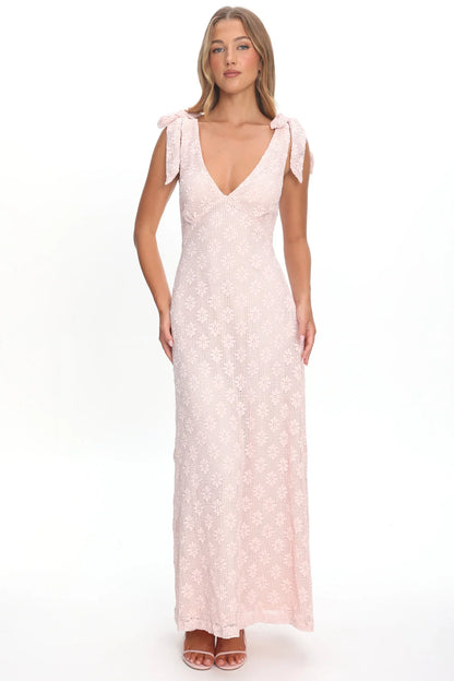 Mykonos Morning Tied Shoulder Maxi Dress Crochet Pink