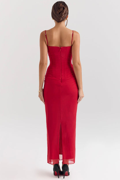 holly red stretch mesh corset maxi dress
