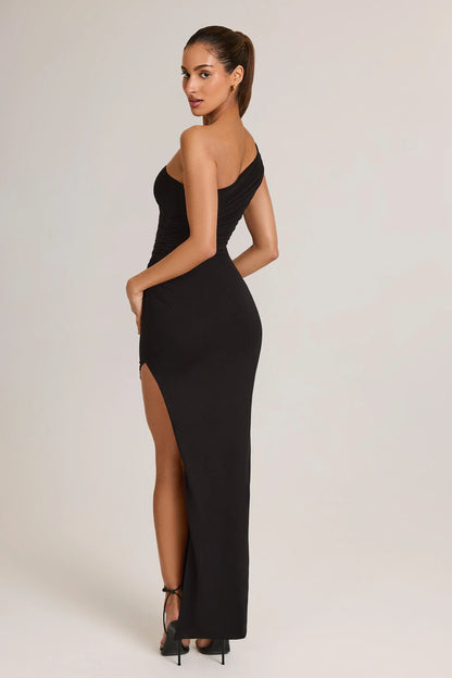 Modal Asymmetric Ruched Maxi Dress in Black