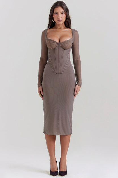 mocha corset midi dress