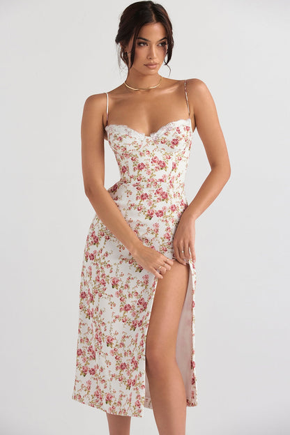 rose print corset midi sundress