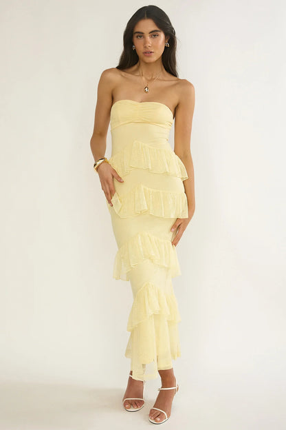Dulce Dreams Sweetheart Neckline Lace Frill Maxi Dress Butter