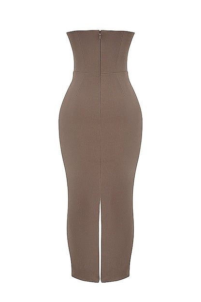 taupe strapless corset maxi dress