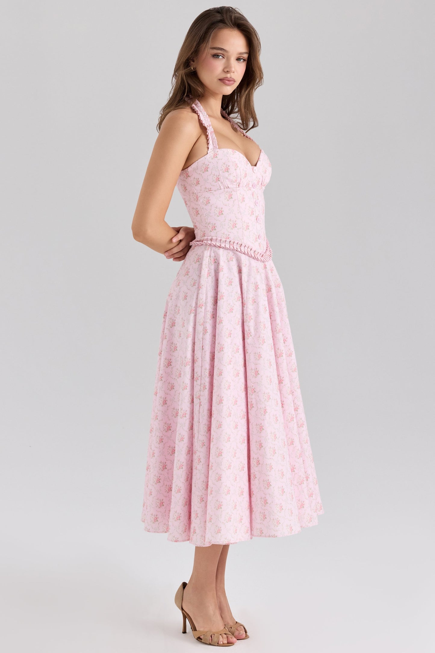 pink rose print stretch cotton halter neck midi dress