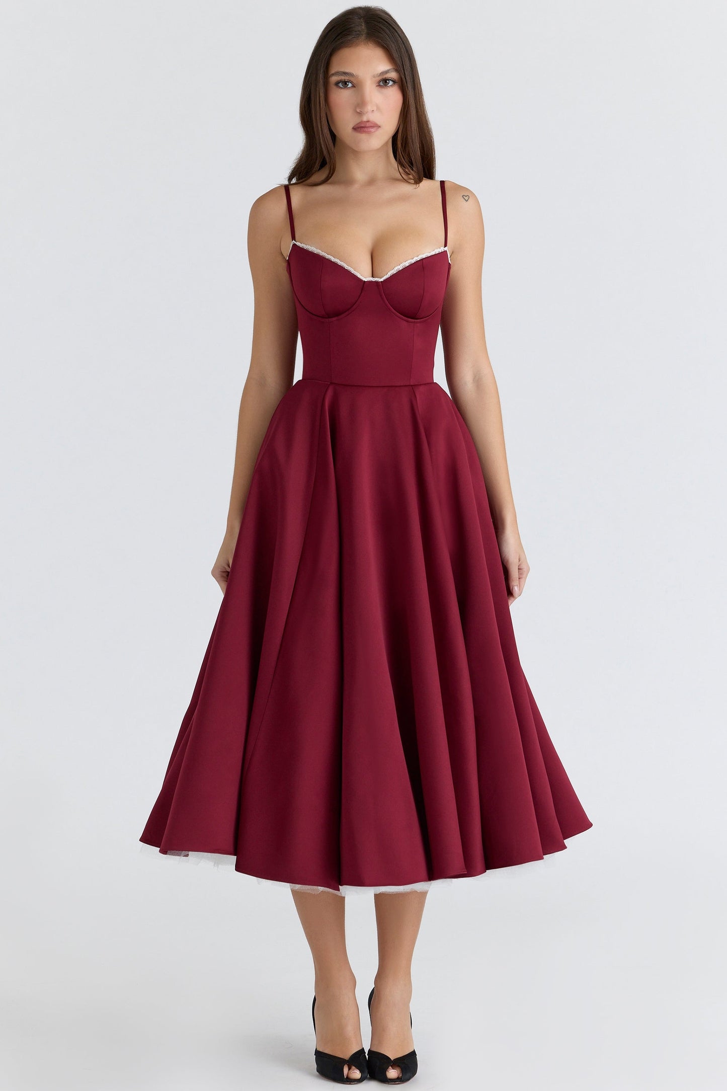wine satin tulle midi dress