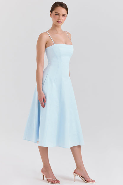 soft blue stretch cotton a-line midi sundress