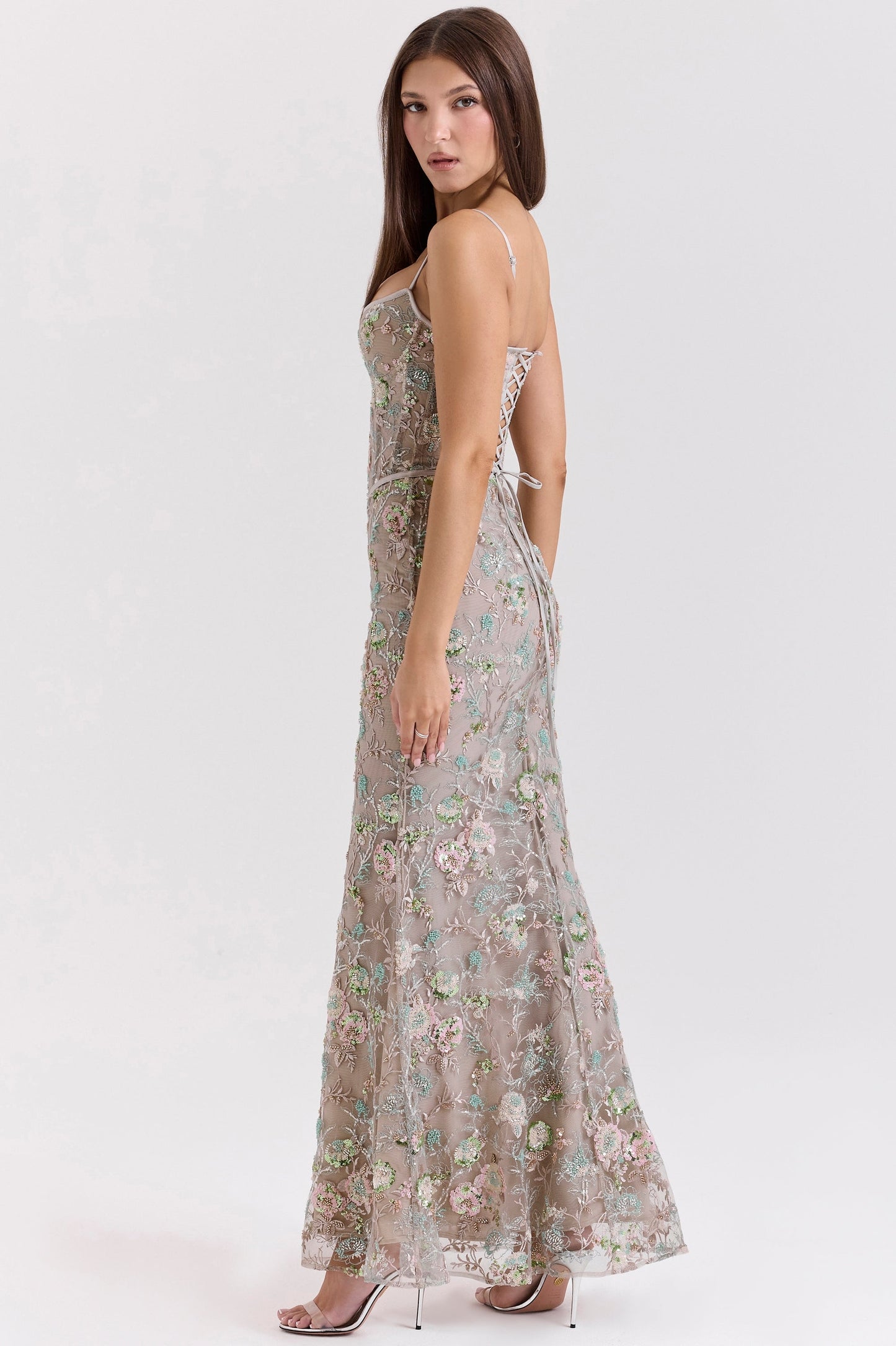 silver embellished beaded corset maxi dress