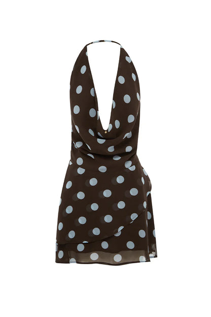 IMALI HALTER COWL MINI DRESS - CHOC/SKY BLUE POLKA