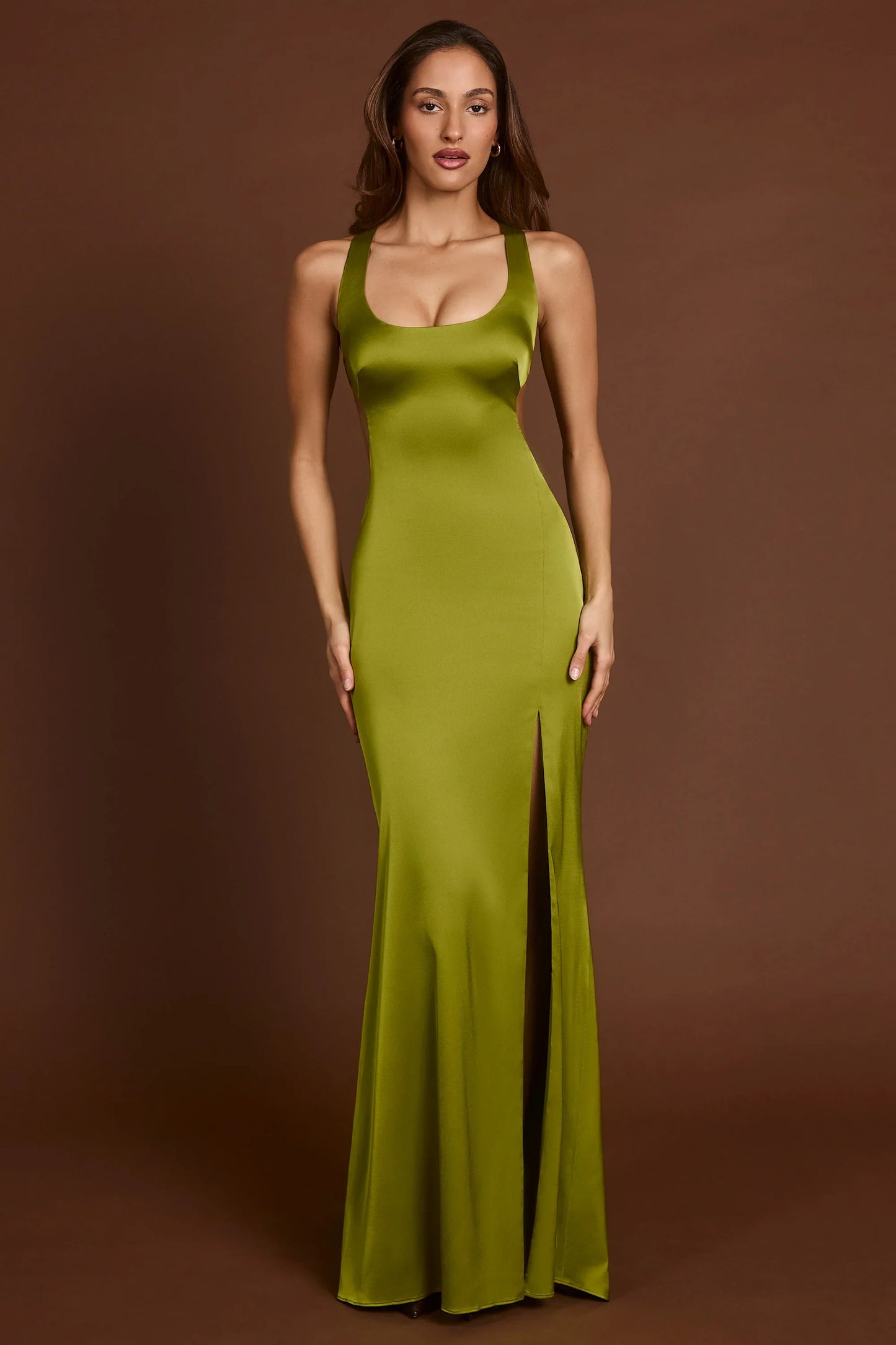 Scoop-Neck Lace-up Back Maxi Dress in Olive Green