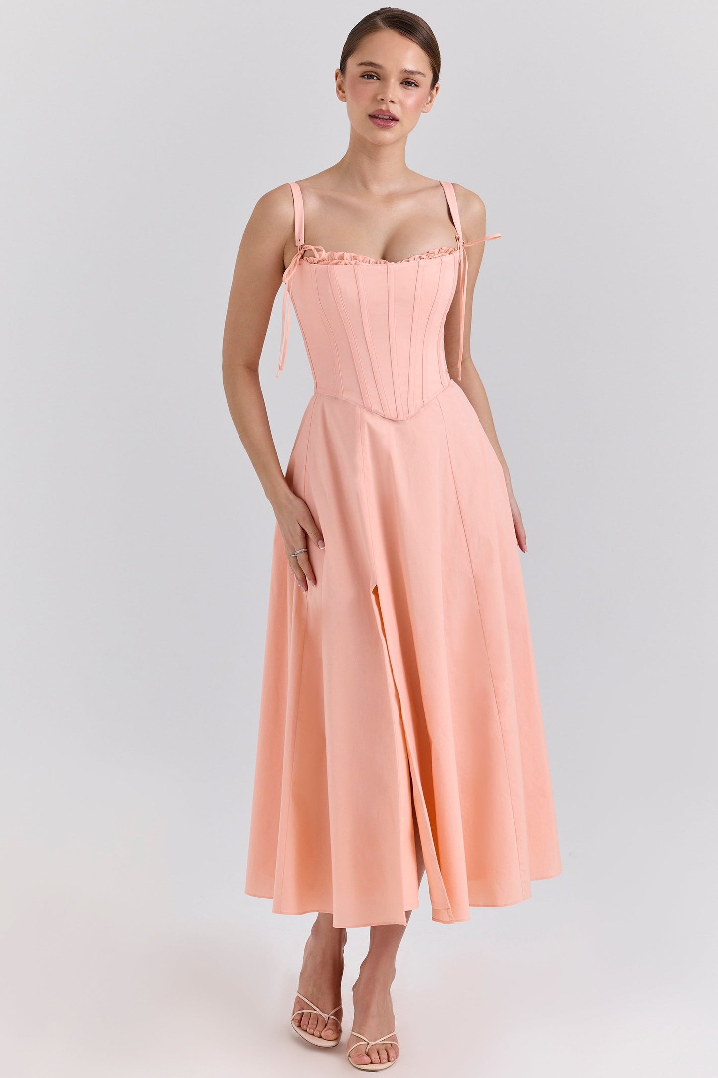 peach cotton detachable corset midi sundress