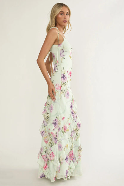 Dreamy Day Ruffle Trim Maxi Dress Mint Floral