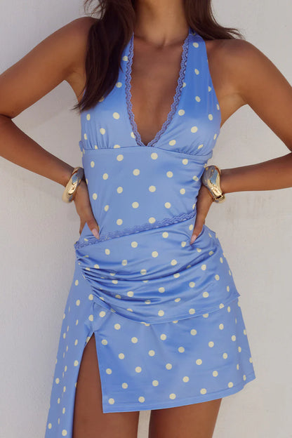 CELYSE HALTER MINI DRESS - PERIWINKLE/LEMON POLKA