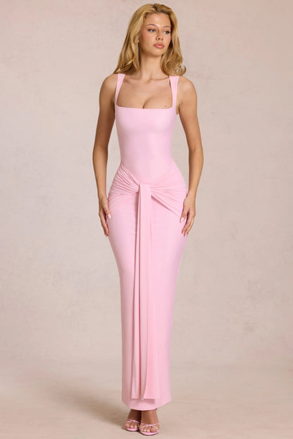 Square-Neck Tie-Gather Maxi Dress in Blossom Pink