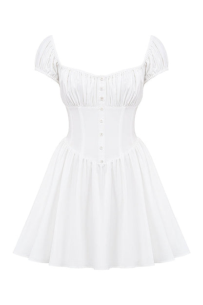 white cotton gathered mini dress