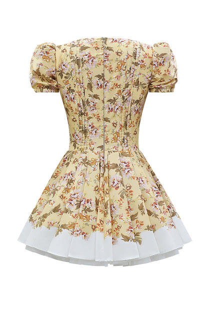 honeyflower print pleated cotton mini dress