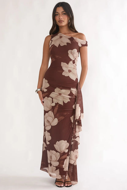 Raphaella Asymmetric Neckline Split Maxi Dress Magnolia Brown