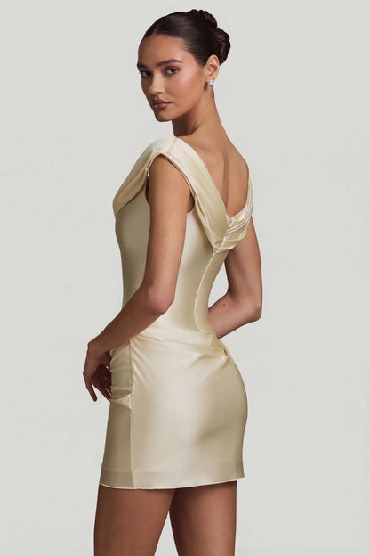 Satin Off-Shoulder Draped Mini Dress in Ivory