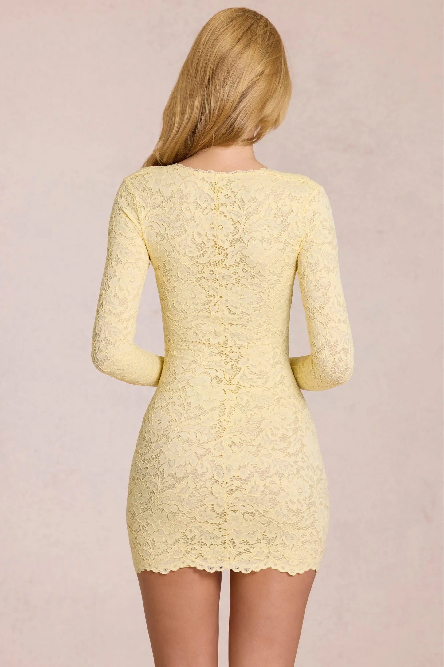 Scalloped-Lace Long-Sleeve Mini Dress in Lemon Yellow